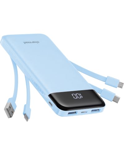 charmast Power Bank Portable Charger with Reinforced Built-in 4 Cables | 3A Fast Charging,10000mAh,6 Outputs 3 Inputs,Travel Essentials,TSA Compliant,LED Display,compatible with iPhone Samsung Moto - color: SkyBlue