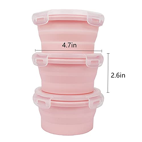 CCyanzi 3piece Round Collapsible Bowl with Lids, Silicone Food Storage Containers, Microwave & Freezer Safe, Space Saving for Kitchen Cabinet and Camping Backpack,(Pink) - color: pink