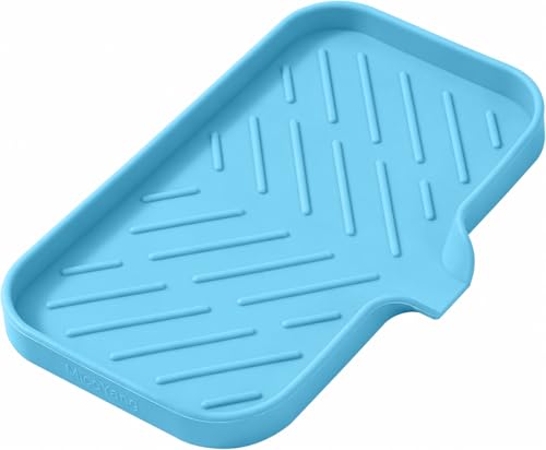 MicoYang Silicone Soap Dish with Drain Spout — Self-Draining Sink Organizer Tray for Bathroom & Kitchen, Sponges, Dispensers & Soap Holder, Non-Slip & Dishwasher Safe, Light Blue (Medium, 9.6"×5.3") - color: Light Blue, size: M(9.6"×5.3")