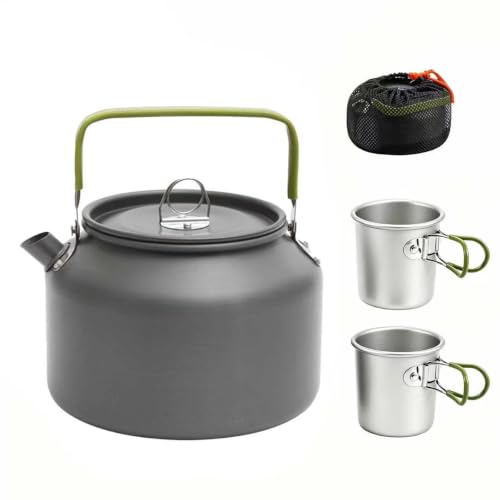 1.8L Camping Kettle Set, Aluminum Alloy Pot with 2 Mugs & Carry Bag | Coffee Tea Kettle, Anti-Scald Handle, Fast Boiling for Open Fire Stove, Hiking Backpacking Picnic