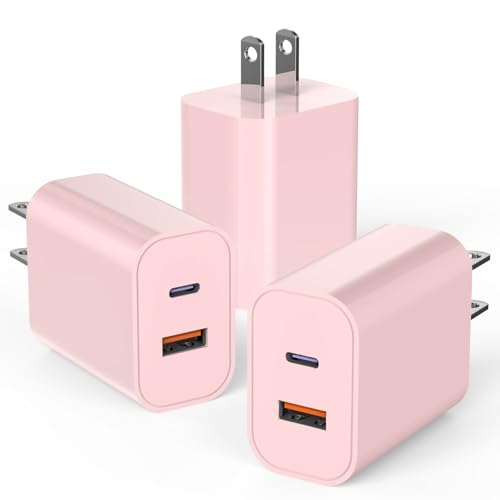 USB C Charger Block, iPhone 16/15 Charger Block [3 Pack] 20W Dual Port QC+PD 3.0 Power Adapter Multiport USB A Fast Charging Plug for Apple iPhone 16/16 Pro/16 Pro Max/16 Plus/15/14/13/12/11/iPad-Pink - color: Pink