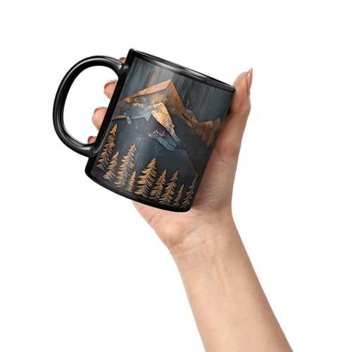 Mountains and Forest Trees Coffee Mug – One Mug, Full Wrap Design (Not Textured) – Outdoorsy Gift for Nature Lovers, Hikers, Campers & Rustic Cabin Decor – 11oz Black Ceramic Cup - size: 11 Ounces