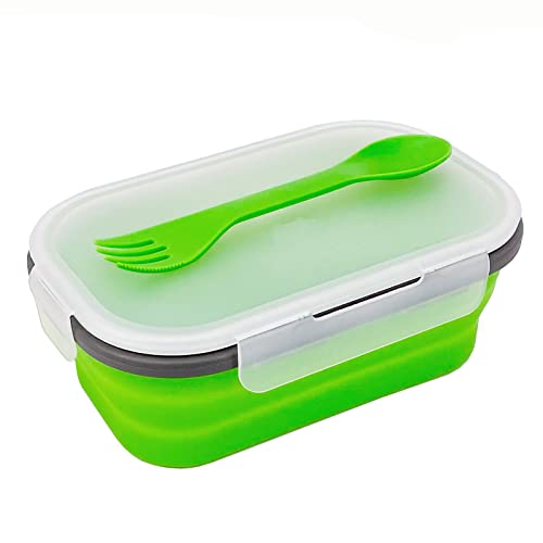 Green Food Grade Silicone Lunch Container Bento Box, Collapsible Food Storage Containers with Airtight Lids and 2in1 Fork, Reusable Food Container for Travel Camping, 1000ml Microwave Container