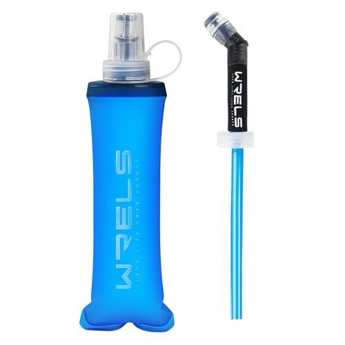 WRELS Soft Flasks Running Water Flask Folding Soft Water Bottles Small for Outdoor Sports Hiking Hydration Pack 5oz/8oz/17oz(BLUE,8oz+Straw) - color: Blue, style: 250ml/8oz with straw