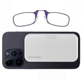 Always With You by ThinOptics Classic Reading Glasses + Case that Sticks to Your Phone - Ultra-Thin Armless Pocket Readers - color: White Case / Purple Frames