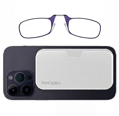 Always With You by ThinOptics Classic Reading Glasses + Case that Sticks to Your Phone - Ultra-Thin Armless Pocket Readers - color: White Case / Purple Frames