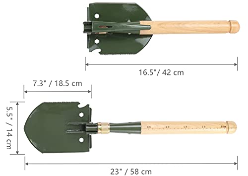 MASTIFF GEARS Folding Survival Shovel - Wooden Handle, Heavy Duty Carbon Steel Military Entrenching Tool for Camping, Off Road, Beach & All-Terrain Digging (Classic w/Pick) - style: Folding Shovel