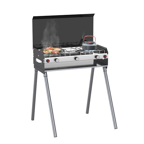CAMPLUX 2 Burners & 1 Grill Propane Camping Stove, 15,000 BTU Portable Outdoor Propane Camping Grill Burner with Free Standing Legs, Auto-Ignition Gas Stove with Regulator, Black - color: Black