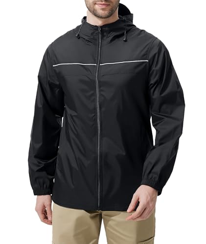 ZITY Mens Rain Jacket with Lining Waterproof Lightweight Rain Coats Packable Hooded Windbreaker for Hiking Golf Cycling - color: Black, size: Small