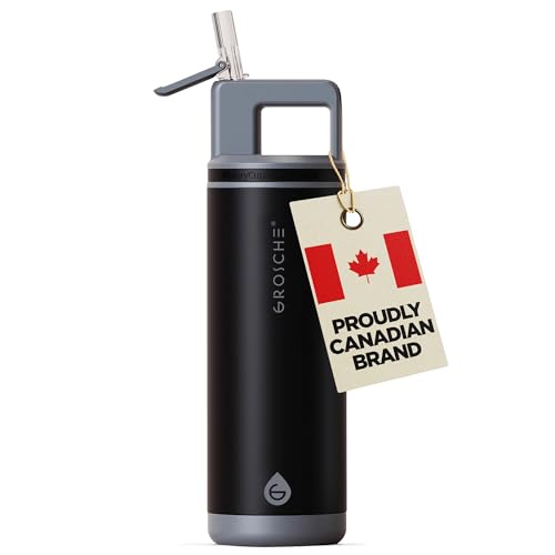 GROSCHE Alpine Flip N Sip Insulated Bottle Straw Lid, Graphite Black, 20 oz - color: Graphite Black, size: 20 Ounces