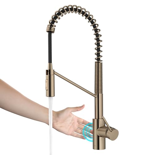 KRAUS Oletto Touchless Sensor Commercial Pull-Down Single Handle Kitchen Faucet with QuickDock Top Mount Assembly in Spot Free Antique Champagne Bronze, KSF-2631SFACB - color: Spot-Free Antique Champagne Bronze, style: Touchless Commercial Style