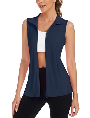 LURANEE Women's Golf Vest with Pleated Tennis Skirt Hem Lightweight Full Zip Sleeveless Athletic Shirts with Pockets - color: Navy, size: Small