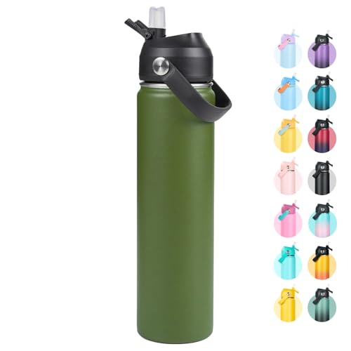 Fijinhom 24oz Insulated Stainless Steel Water Bottle, Wide Mouth Double Wall Vacuum, Silicone Straw, Sweat & Leak Proof, BPA Free Insulated Water Flask for Travel, Keep Cold 24h Hot 12h, Green - color: Green, size: 24 Ounces