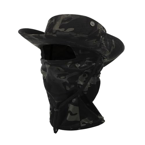 2PCS Camo Boonie Hat Balaclava Face Mask Wide Brim Sun Hat for Hunting Hiking Bucket Cap with Adjustable Strap - color: Black