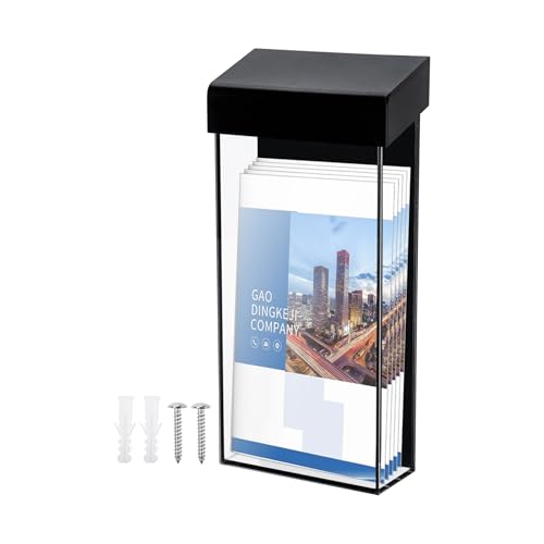Klmnop Outdoor Brochure Holder, 4 x 9 Inch Waterproof Wall Mount Literature Box with Lid, Acrylic Brochure Holder for Pamphlet Map Menu Display(Black)