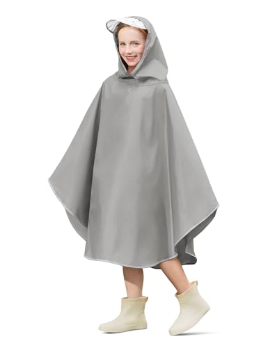 Haloumoning Kids Hooded Rain Poncho Girls Waterproof Lightweight Reusable Raincoat Jacket 4-14 Years - color: Grey, size: 4-6 Years