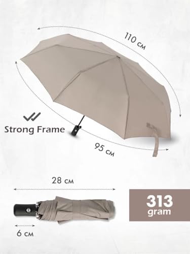 Windproof Travel Umbrella - Compact, Light, Full Automatic Open/Close - Folding Backpack Umbrella for Rain & Sun UV Preotection For Men & Women, Unbreakable 8 Fiberglass Ribs UK Design - color: Light Grey
