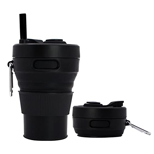 Silicone Coffee Mug Collapsible Cups for Camping Folding Travel with Straw Reusable Portable Drinking Cups Outdoor Hiking 450ml (Black-450ml, 1) - color: Black-450ml