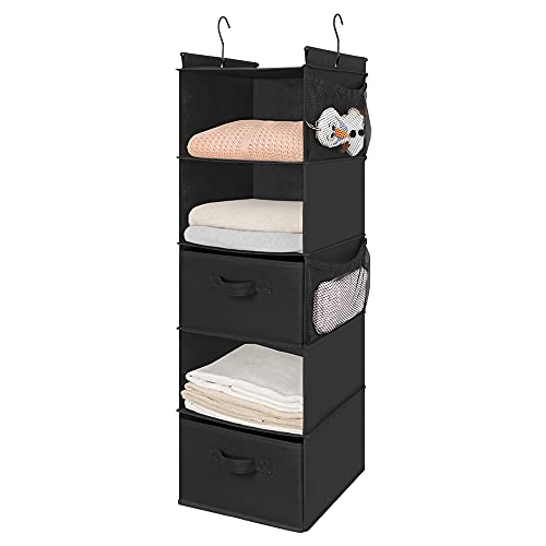 MAX Houser 5-Shelf Hanging Closet Organizer with 2 Drawers, Black-D2 | Foldable Fabric Hanging Shelves for Closet, Cloth Hanging Shelves with 2 sturdy hanging hooks, Small Space Saver - color: Black-d2