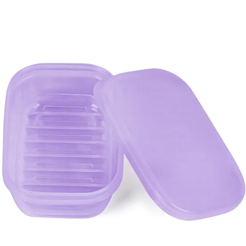 Quatish Leakproof Soap Dish with Lid & Draining Layer, Shatterproof Travel Bar Soap Holder Case Container, Portable Travel Size Toiletries Essentials for Camping, Gym, Bathroom, Clear Purple - color: Clearpurple, size: Medium