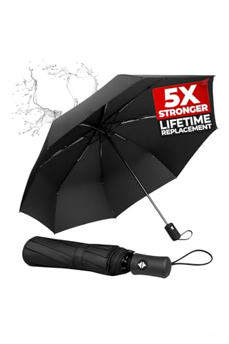 Windproof Travel Umbrella - Compact, Light, Full Automatic Open/Close - Folding Backpack Umbrella for Rain & Sun UV Preotection For Men & Women, Unbreakable 8 Fiberglass Ribs UK Design - color: Black