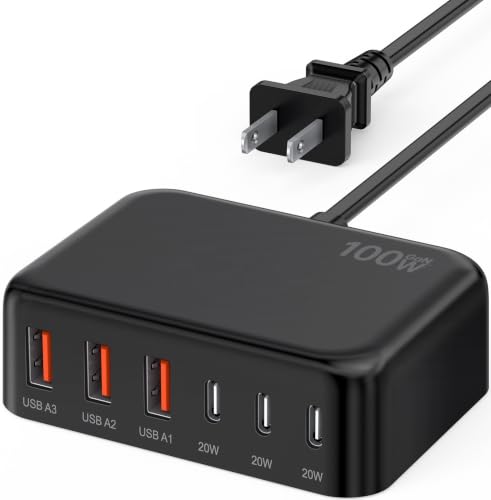 USB C Charger Block, GaN Fast USB Charging Station Hub with 100W Max 6-Port - color: B-Black, size: 100W