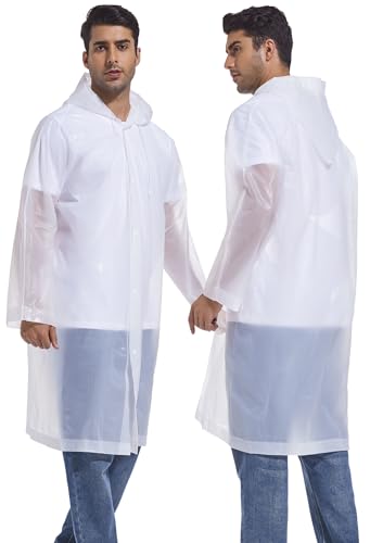 2-Pack Reusable Rain Ponchos for Adults, HOOMBOOM Raincoats Emergency for Women/Men with Drawstring and Sleeves - color: White