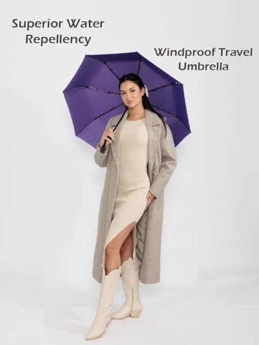 Windproof Travel Umbrella - Compact, Light, Full Automatic Open/Close - Folding Backpack Umbrella for Rain & Sun UV Preotection For Men & Women, Unbreakable 8 Fiberglass Ribs UK Design - color: Purple