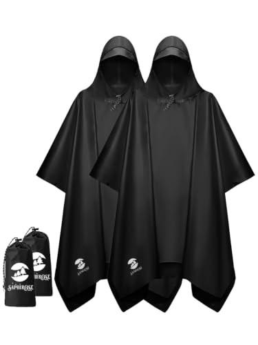 SaphiRose Hooded Rain Poncho Waterproof Raincoat Jacket for Men Women Adults - color: Black 2-pack