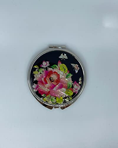 Portable Makeup Compact Double Magnifying Mirror Cosmestic Foldable Pocket Style Unique Mother of Pearl Design (Rose) - color: Rose