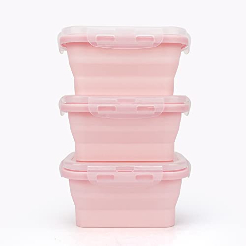 CCyanzi 3piece Collapsible Food Storage Containers with Lids, Silicone Lunch Container, Microwave & Freezer Safe, Space Saving for Kitchen Cabinet and Camping Backpack,(pink) - color: pink