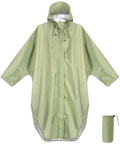 ANYOO Waterproof Rain Poncho for adults Lightweight Reusable Hiking Hooded Coat Jacket for Outdoor Activities - color: Tea Green