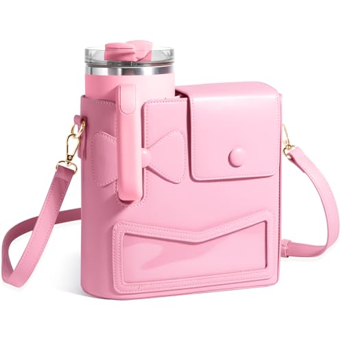 Crossbody Bag for Stanley Cup Purse, Outdoor Portable Water Bottle Holder with Adjustable Shoulder Strap - color: Pink
