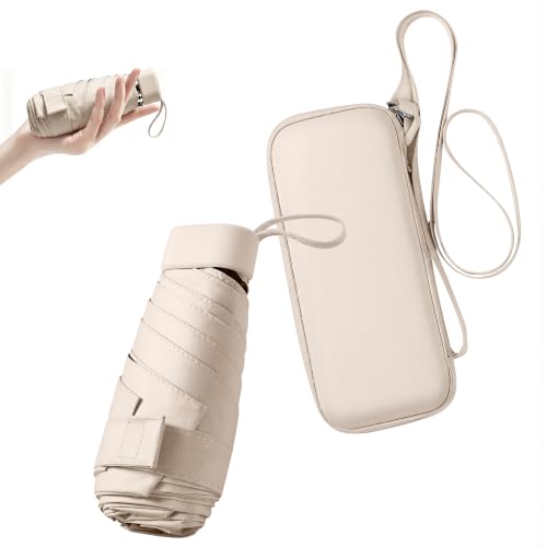 ESUFEIR Mini Sun Umbrella for Purse With Case,Beige | Small Compact UV Umbrella Travel Essentials, Lightweight Portable Parasol Windproof for Women Men Kids - color: Beige