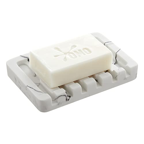 INIUNIK 2PCS Self Draining Soap Dish - Marble Look Soap Holder Tray Savers Box Container Sponge Holder for Bathroom Shower Kitchen, White - color: White-2 Pack