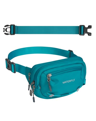 WATERFLY Small RFID Fanny Pack: 1.5L Waist Bag 12" Extender Belt for Hiking - color: Peacock Blue