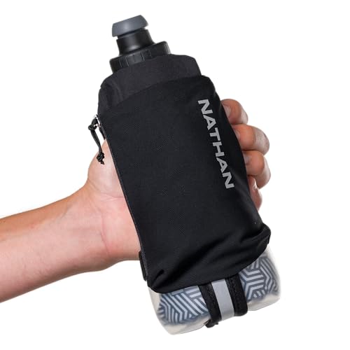 Nathan SpeedDraw 2 Insulated Handheld Running Water Bottle Flask – Double-Wall Insulation, Ergonomic Grip, Blast Valve Cap, Phone & Key Storage Pockets, Reflective Design - 18oz Insulated - Black - color: Black 18oz Insulated
