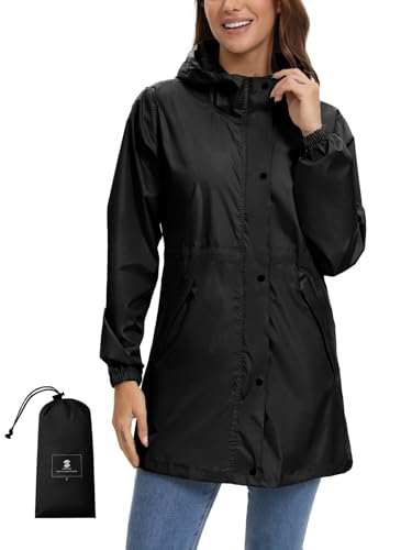 SaphiRose Women's Lightweight Long Rain Jacket Packable Raincoat Hooded Outdoor Trench Coats - color: Black, size: Medium
