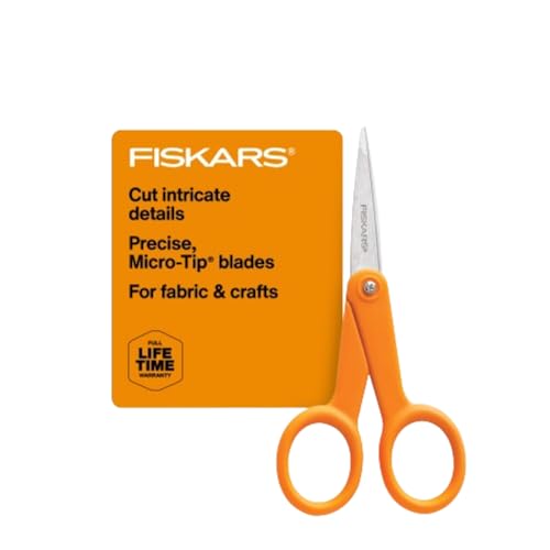 Fiskars 5" Orange-Handled Micro-Tip Fabric Scissors, No. 5 | For Tight & Intricate Detail Sewing & Craft Projects, Precision-Ground Blades Stay Sharp, Ambidextrous Double-Loop Handle - size: 5”, style: Double Loop Handle
