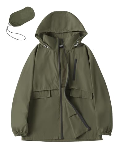 Avoogue Rain Jacket Women with Hooded Waterproof Raincoats - color: Army Green, size: XX-Large