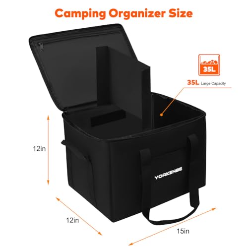 35L Camping Organizer, 1680D Heavy Duty Waterproof Camping Storage for Cooking Utensils and Cookware, with Hard Bottom and Zippered Lid for RV, Hiking