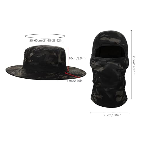 2PCS Camo Boonie Hat Balaclava Face Mask Wide Brim Sun Hat for Hunting Hiking Bucket Cap with Adjustable Strap - color: Black