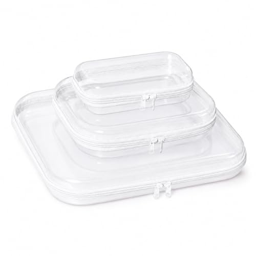 3 Pack Clear Hard Shell Zipper Case (1XL + 1L + 1M, White) | Travel Toiletry Bag, Waterproof 1.2mm PET Hard Plastic Pouches, Organizer Box for Makeup, Toy, Snack, Stationery, Diaper - color: White(XL+L+M)
