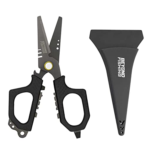 Beyond Fishing 6.5" Pro Fishing Shears Dual Serrated Blades, Fishing Braided Line Scissors with Titanium Coating, Non-Slip Grip & Multifunction Tool, Includes Hard Molded Locking Sheath - color: Pro - Black
