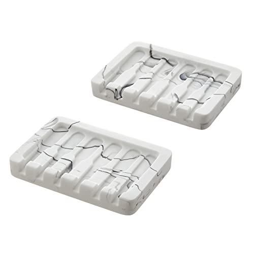 INIUNIK 2PCS Self Draining Soap Dish - Marble Look Soap Holder Tray Savers Box Container Sponge Holder for Bathroom Shower Kitchen, White - color: White-2 Pack