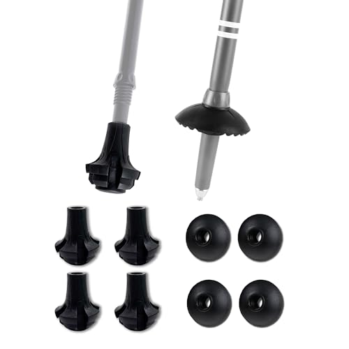 TREKOLOGY Premium Round Trekking Pole Rubber Tips Replacement Kit (8-Piece Set) - Heavy Duty Walking Stick Tips with Mud Stops or Snow Baskets Terrain - size: 4 Round Tips 4 Mud Stops