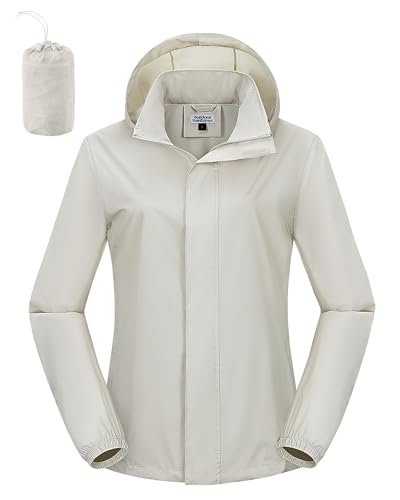 Outdoor Ventures Women's Rain Jackets Lightweight Waterproof RainCoats - color: Beige, size: Small
