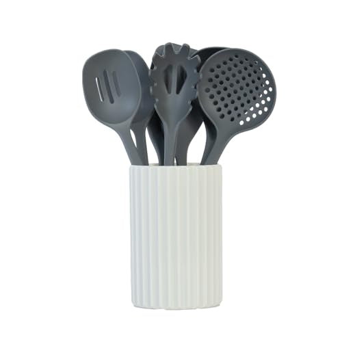 Glad Kitchen Utensils Set, 8pcs - Nonstick Cooking Tools with Utensil Holder - Nylon Spoon, Ladle, Skimmer, Spaghetti Server, and Turner Spatula Set - Dishwasher Safe, Grey - color: Gray, size: 8-piece Set