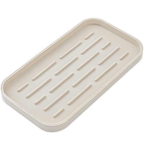 MicoYang Silicone Kitchen Sink Organizer Tray for Multiple Usage,Eco-Friendly Sponges Holder for Kitchen Bathroom Counter or Sink,Dish Soap Dispenser,Scrubber,Bottle,Cup (Tapioca, 10"×5.3") - color: Tapioca, size: 10" x 5.3" x 0.7"