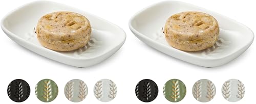 Miamolo Soap Dish Soap Holder Shower, Ceramic Soap Dishes for Bar Soap Sponge, Shower Soap Dish Soap Saver Tray for Bathroom Kitchen Sink, Easy to Clean, White (Pack of 2) - color: White, size: Leaf Design (Pack of 2)